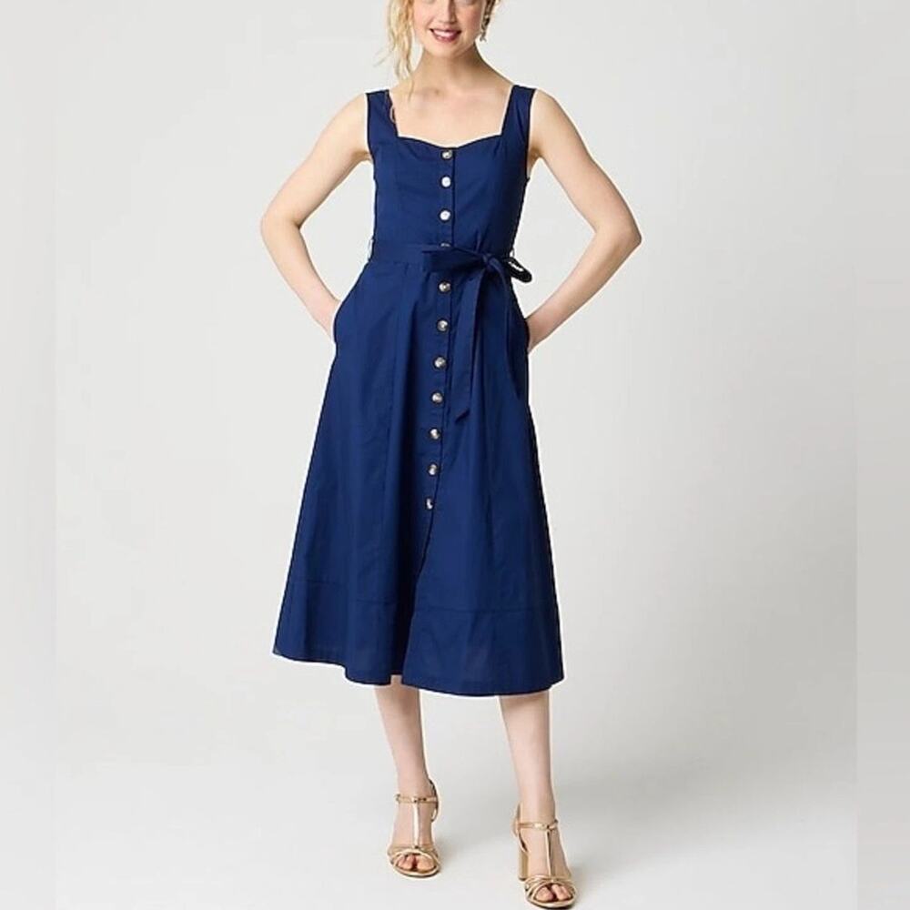 NWT J. Crew Belted Midi Dress Sleeveless Gold Button Front Antique Navy Size 10